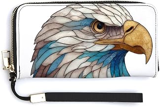 Stained Glass Bald Eagle Blue Color PU Leather Clutch Long Bifold Wallet, Coin Purse Credit Pass Case, Durable Card-Holder Money Storage for Women Men