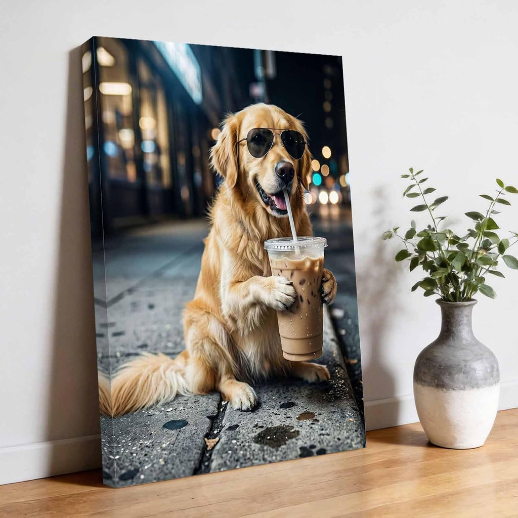 Golden Retriever Drink Iced Coffee Canvas Wall Art for Living Room, Modern City Sidewalk Wall Decor Framed Artwork Pictures Ready to Hang for Bedroom Office Home Decor 20x24 Inch