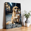 Golden Retriever Drink Iced Coffee Canvas Wall Art for Living Room, Modern City Sidewalk Wall Decor Framed Artwork Pictures Ready to Hang for Bedroom Office Home Decor 20x24 Inch