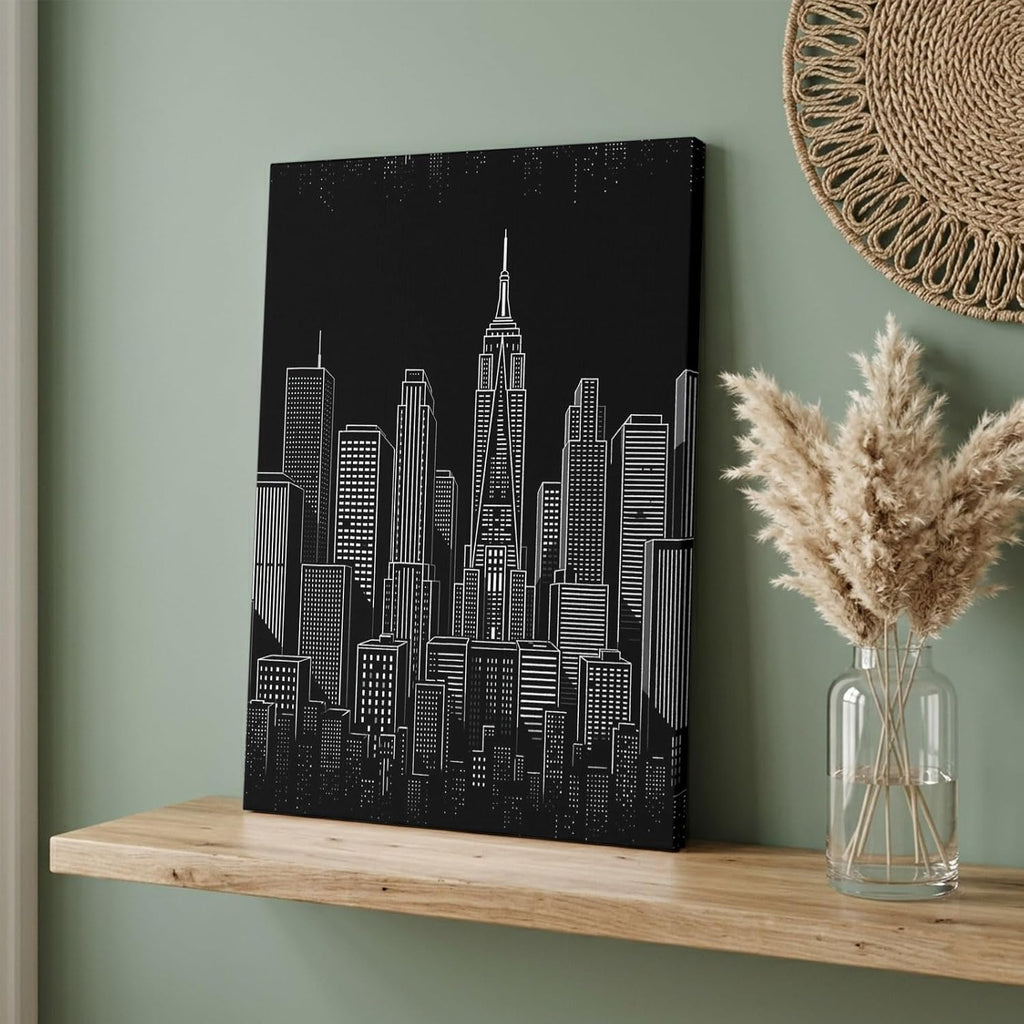 Wood Canvas Wall Art, Modern City Landscape Large Wall Decor for Living Room Bedroom, Black Night Building Cityscape Canvas Prints Artwork Ready to Hang Home Decor Accent, Housewarming Gift 24''x32''