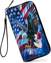 Womens Wallet, Large Capacity PU Leather RFID Blocking Wristlet Wallets Art Bald Eagle Flags Design for Women Ladies Men Credit Card Holder Zipper Wallet Phone Holder Clutch Travel Purse