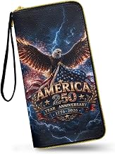 Bald Eagle Zippered Wallet for Women America 250th Anniversary Vegan Leather Wallet Large Capacity Zip Around Credit Card Holder Clutch with Wristlet Strap for Daily Casual