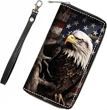 Patriotic USA Flag Bald Eagle Wallet for Women with Credit Card Holder Coin Money Clip PU Leather Zip Around Clutch Wallet
