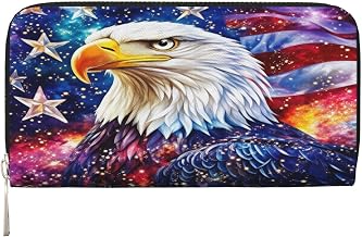 Bald Eagle with American Flag in Galaxy Art PU Leather Wallet for Women Men Credit Card Wallet Long Zipper Clutch Purse
