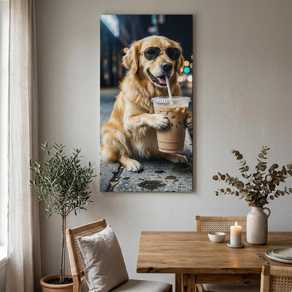 Dog Drink Iced Coffee Wood Canvas Wall Art, Large Wall Decor for Living Room Bedroom, City Sidewalk Modern Funny Animal Canvas Prints Artwork Ready to Hang Home Decor, Housewarming Gift 30''x60''