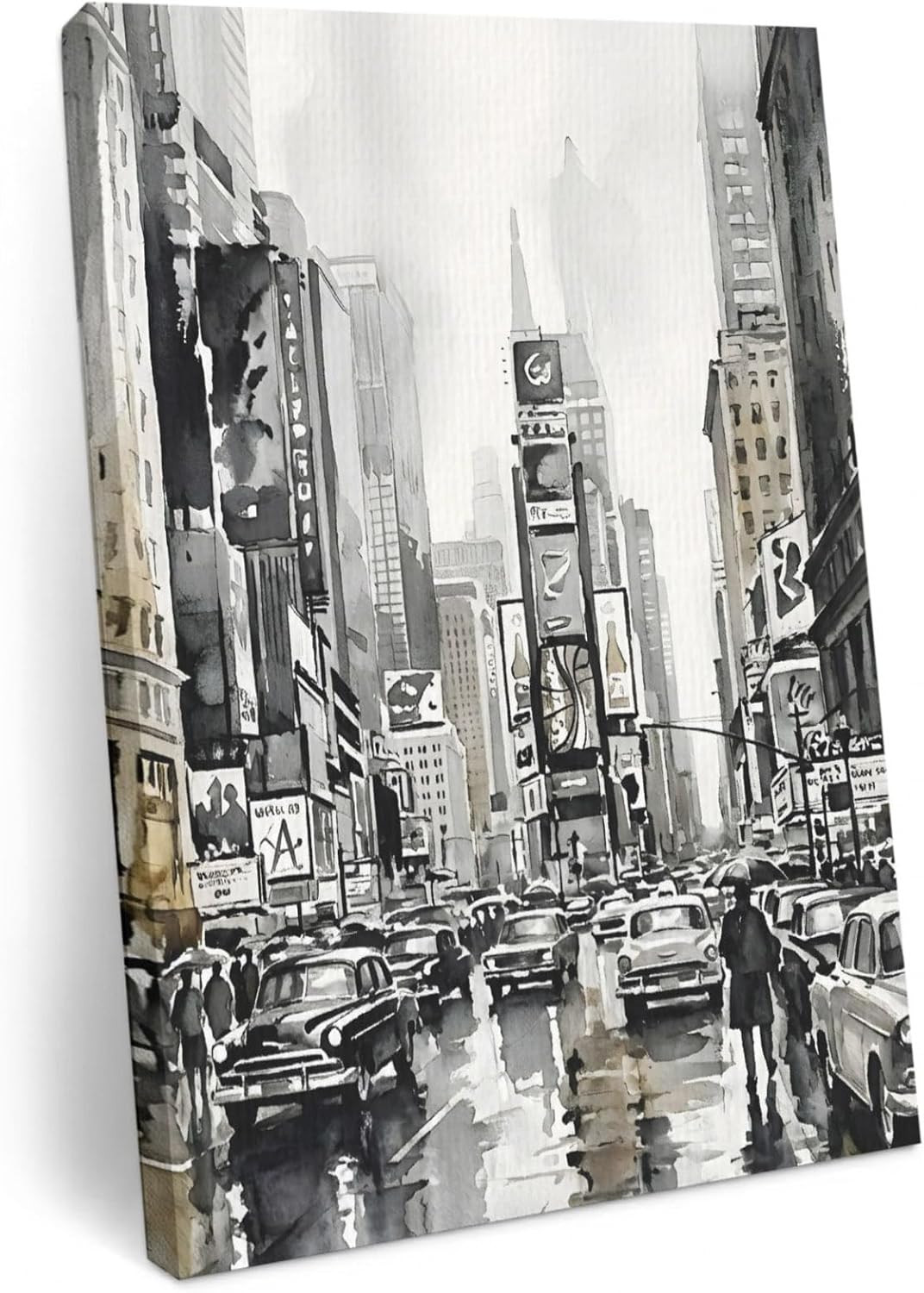 Wood Canvas Wall Art, Modern Cityscape Wall Decor for Bedroom Living Room, Black White Vintage Street City Canvas Prints Artwork Ready to Hang Home Decor Accent, Housewarming Gift 16''x20''