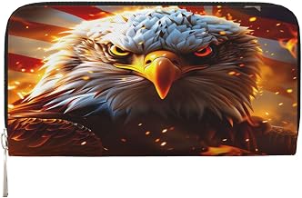 Patriotic Bald Eagle Wallet Elegant Long Clutch Zip Around Travel Leather Coin Purse Handbag for Men Women 7.9X3.9 Inch