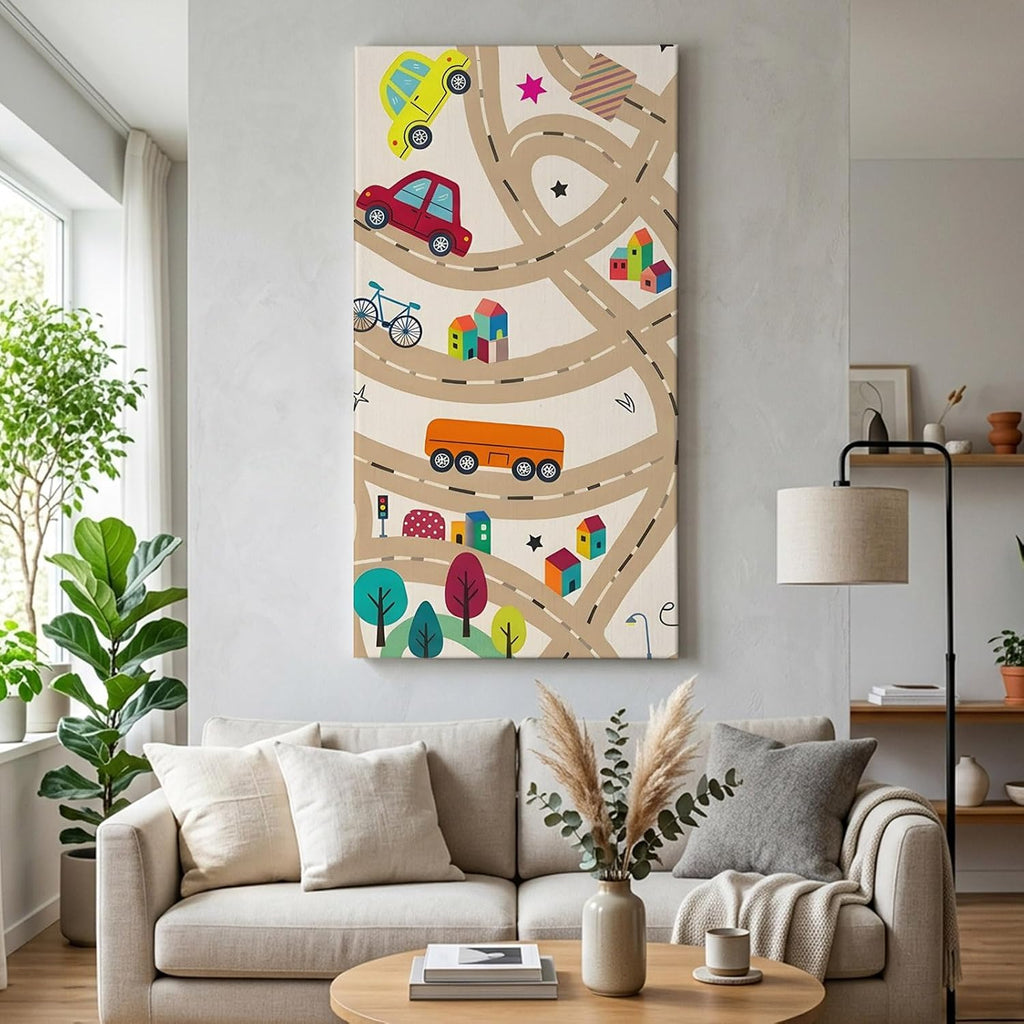 Cars Buses Wall Art for Living Room Bedroom, Canvas Art Prints Paintings, Cartoon Brown City Street Map Traffic Educational Wooden Framed Artwork Pictures Home Wall Decor 24x48 In Made in USA