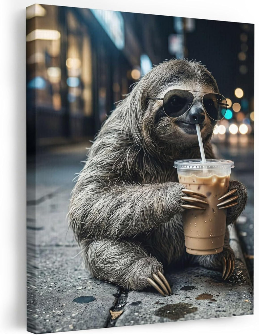 Koala Drink Iced Coffee Framed Wall Art, Modern City Sidewalk Funny Animal Canvas Prints, Stretched Wall Decor Artwork for Living Room Bedroom Office Home, Ready to Hang, Made in USA, 11"x14"