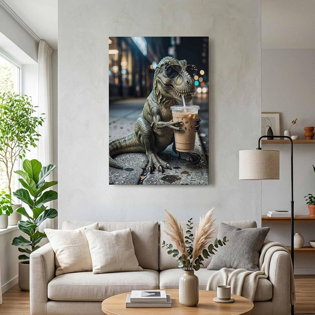 Dinosaur Drink Iced Coffee Wall Art for Living Room Bedroom, Canvas Art Prints Paintings, City Sidewalk Modern Funny Animal Wooden Framed Artwork Pictures Home Wall Decor 22x28 In Made in USA