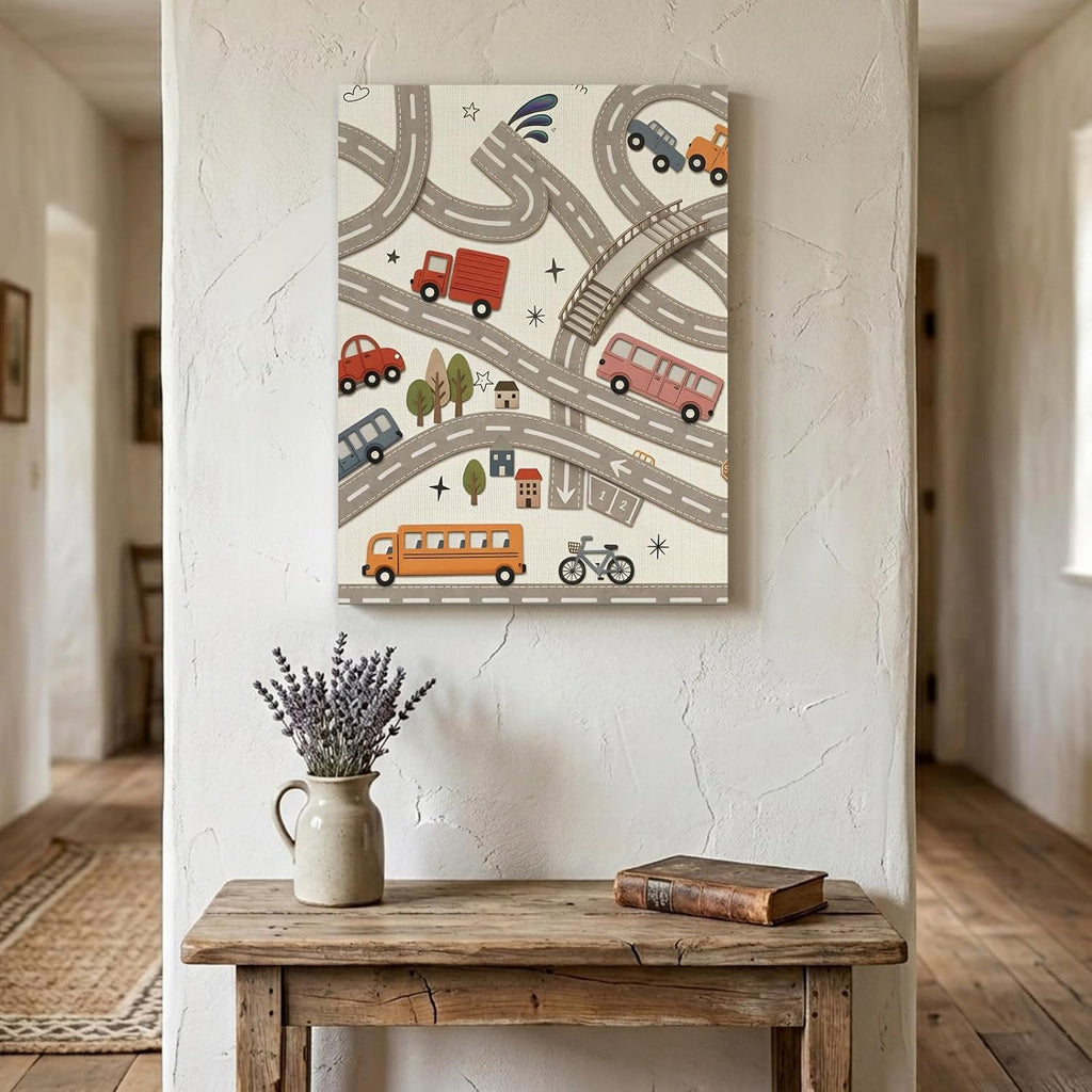 Cars Buses Wood Canvas Wall Art, Large Wall Decor for Living Room Bedroom, Cartoon Grey City Street Map Traffic Educational Canvas Prints Artwork Ready to Hang Home Decor, Housewarming Gift 24''x36''