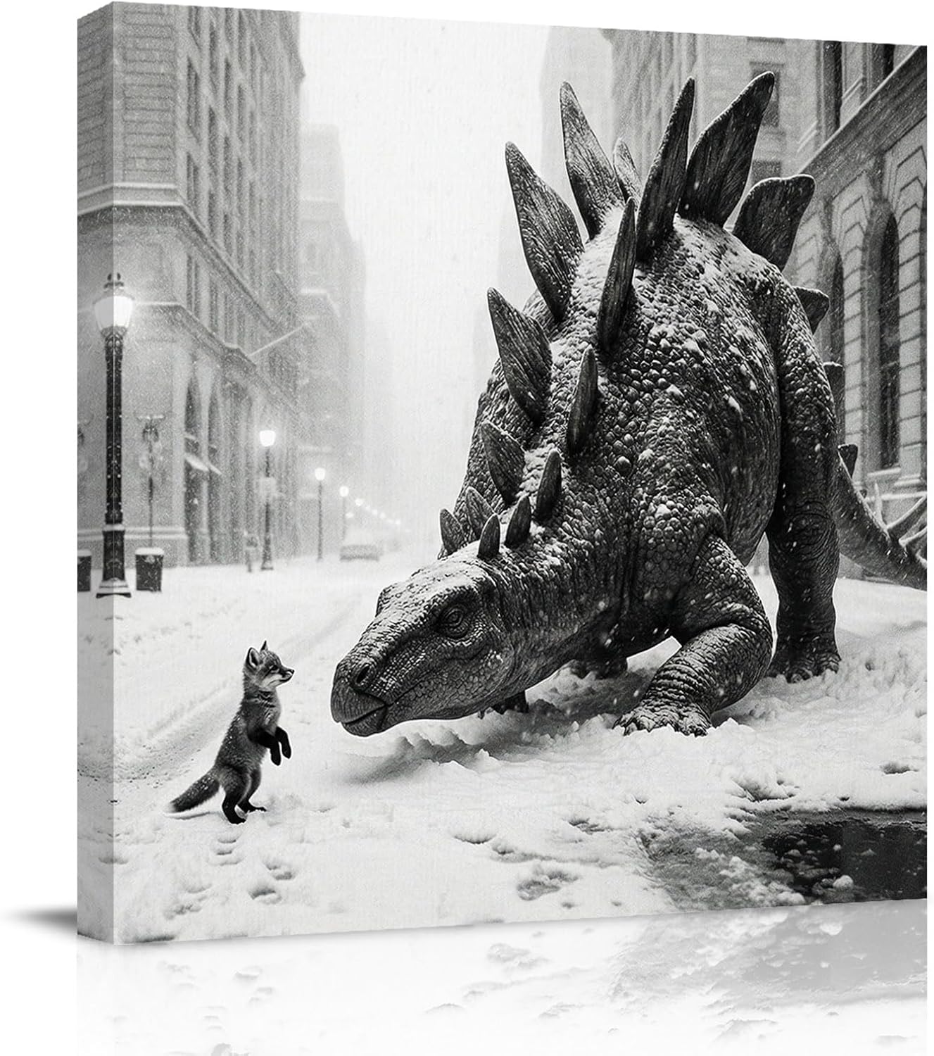 Gray Dinosaur Fox Canvas Wall Art for Living Room, Abstract Animal Vintage City Snowfield Wall Decor Framed Artwork Pictures Ready to Hang for Bedroom Office Home Decor 12x12 Inch