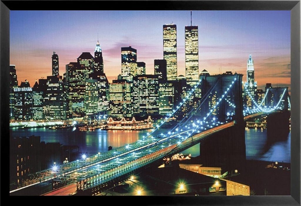 Framed The City That Never Sleeps - New York City 36x24 Photograph Art Print Poster Skyline Manhattan Brooklyn Bridge Twin Towers World Trade Center at Night