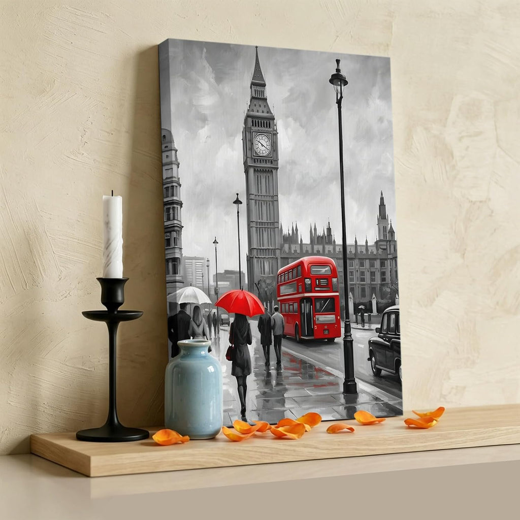 City Street Wall Art for Living Room Bedroom, Canvas Art Prints Paintings, Big Ben London River Bus Bridge Rainy Day Wooden Framed Artwork Pictures Home Wall Decor 22x28 In Made in USA