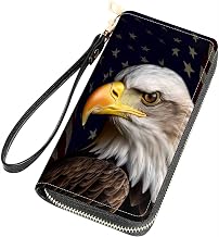 Bald Eagle American Flag Print Women Large Capacity Wallet PU Leather Zipper Clutch Purse for Smart Phone/Card/Coin/Cash