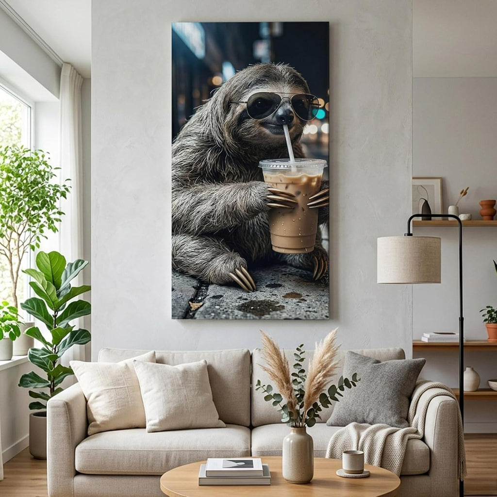 Sloth Drink Iced Coffee Wall Art for Living Room Bedroom, Canvas Art Prints Paintings, City Sidewalk Modern Funny Animal Wooden Framed Artwork Pictures Home Wall Decor 24x48 In Made in USA