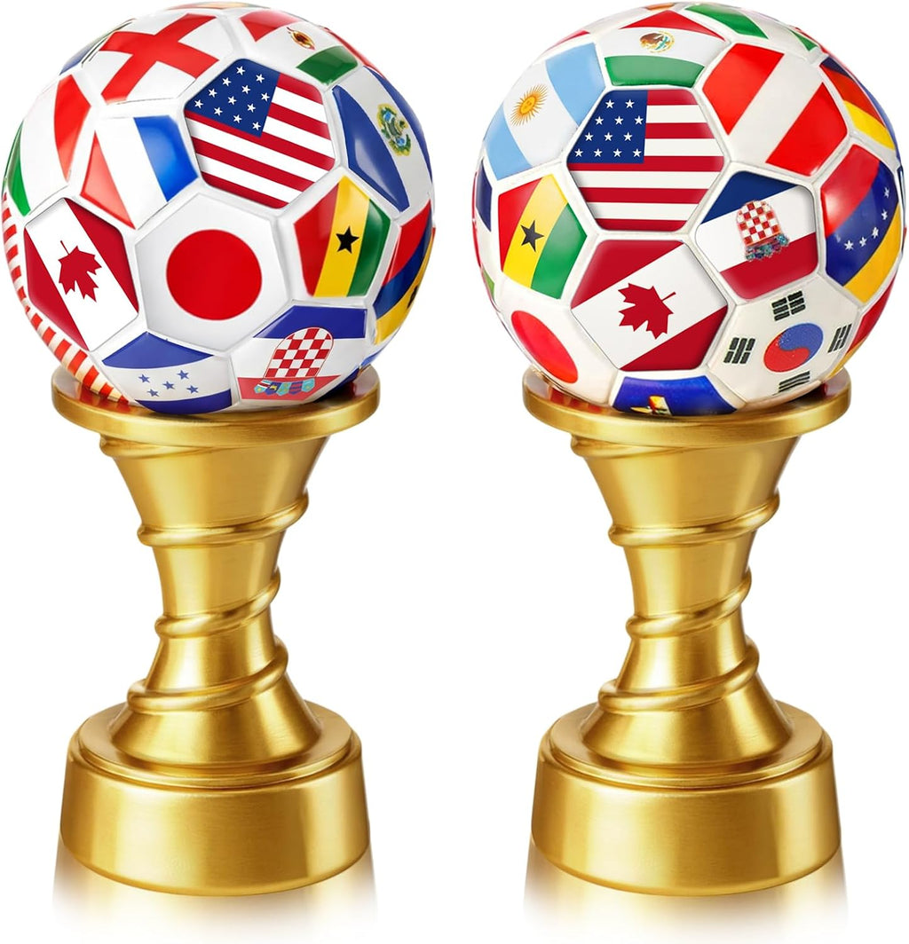 Simgoing 2 Pcs Soccer Award Trophy Cup Resin International Soccer Trophy World Flags Pattern Team Reward Prize Gift for Sports Event Celebration Home Table Centerpiece Football Party Favors