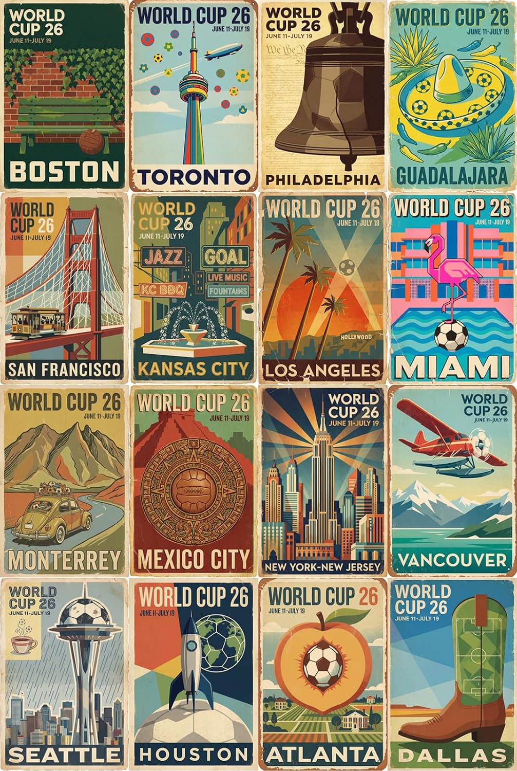 2026 World Cup Postcards Set, 32 World Cup Cards Featuring 16 Host Cities, 8 Legendary Teams & 8 Soccer Art Designs, Mid-Century Modern Travel Poster Style Football Collectibles, Soccer Fan Gift & World Cup Merchandise
