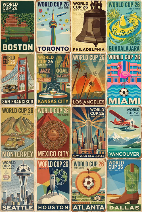 2026 World Cup Postcards Set, 32 World Cup Cards Featuring 16 Host Cities, 8 Legendary Teams & 8 Soccer Art Designs, Mid-Century Modern Travel Poster Style Football Collectibles, Soccer Fan Gift & World Cup Merchandise