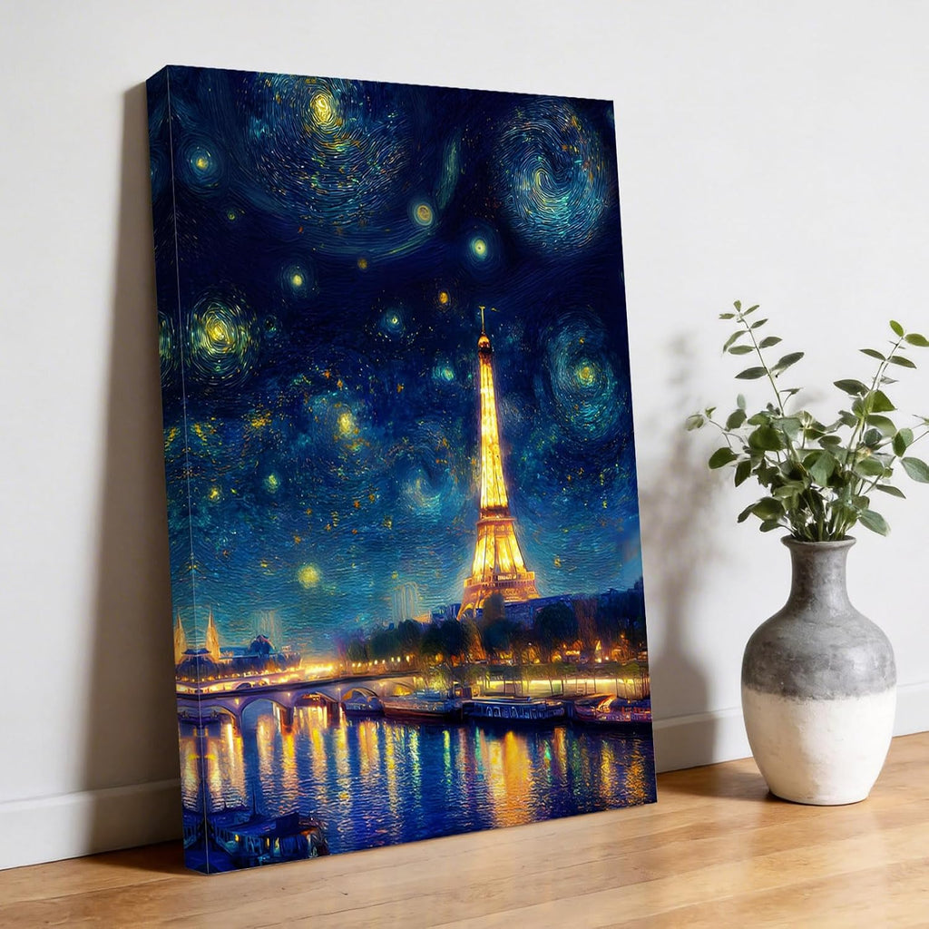 Eiffel Tower Canvas Wall Art for Living Room, Starry Night City River Impressionist Poster Print Painting for Bedroom Office Home Decoration Wall Pictures Prepare To Hang 16"x20"