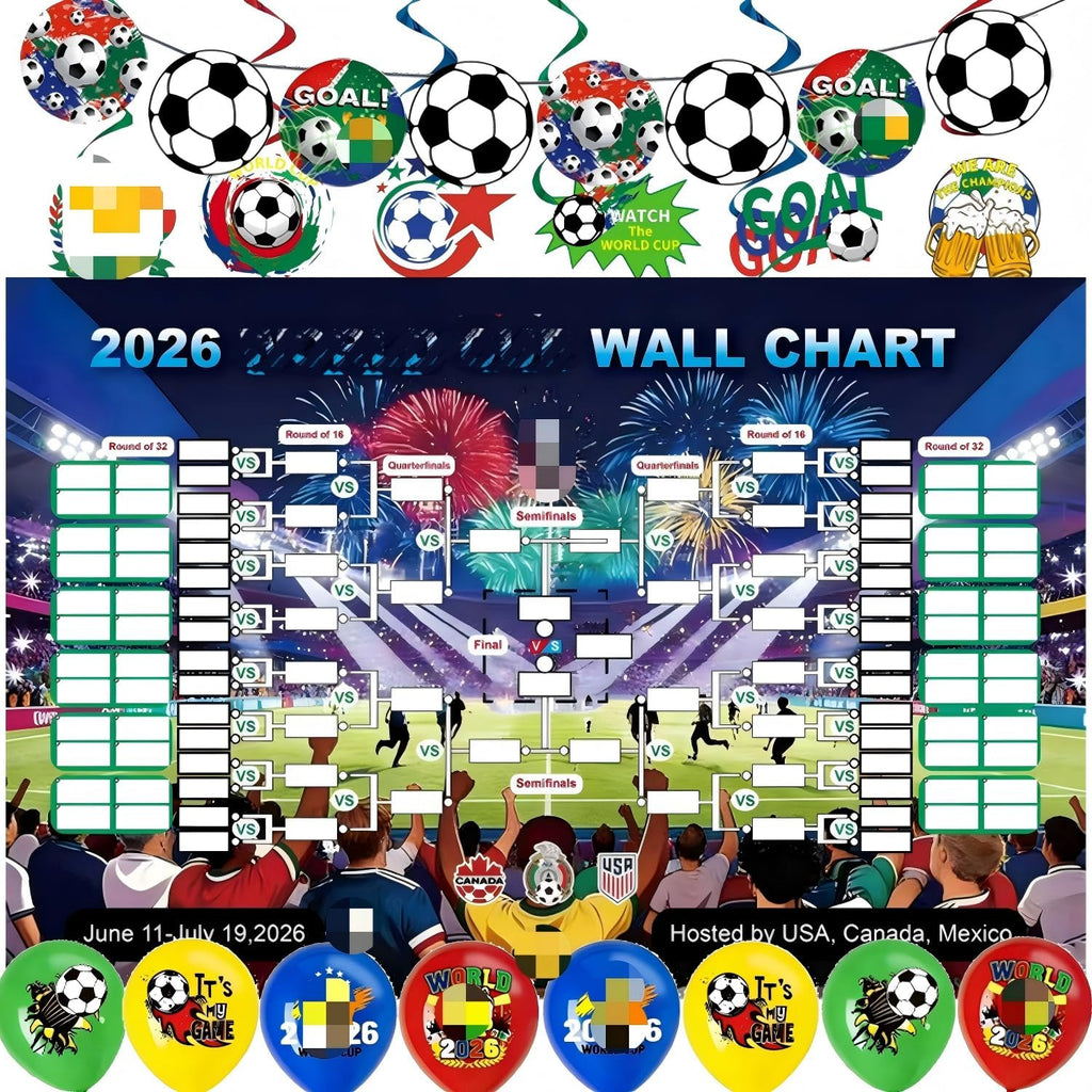 World Football Tournament Cup 48x32 Inch 2026 Vibrant Soccer Festival Schedule Poster with String Flag Banner and Balloon Set for Party Decorations, Home, Office & Bar Decor
