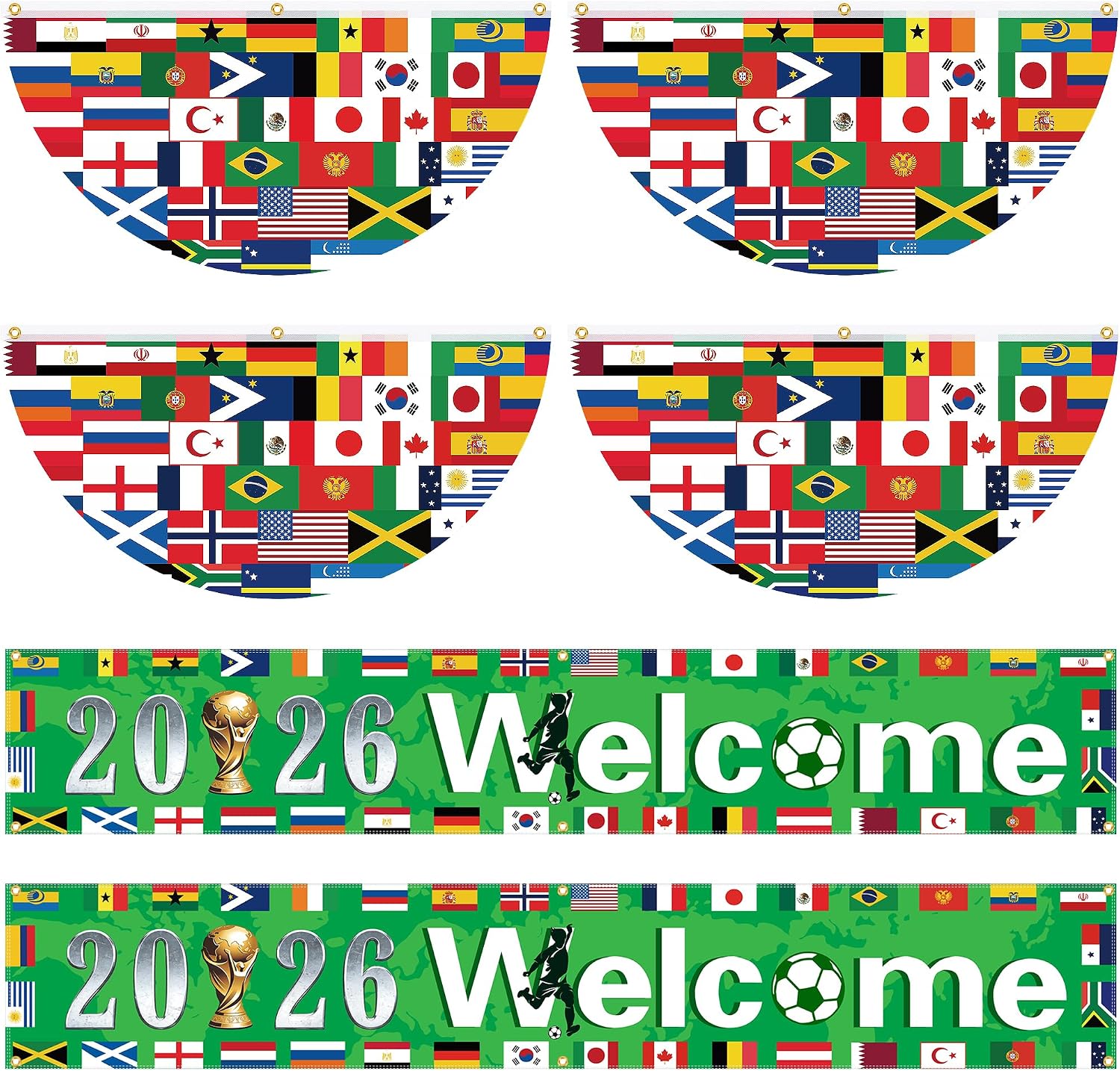 EBaokuup 6 Pcs 2026 World Flag Banner Fan Bunting, International World Flag Decoration Included Flat Fan Flag and Large Banner, Outdoor Multicultural Decorations for Indoor 2026 Soccer Sport Events Club Party Decor