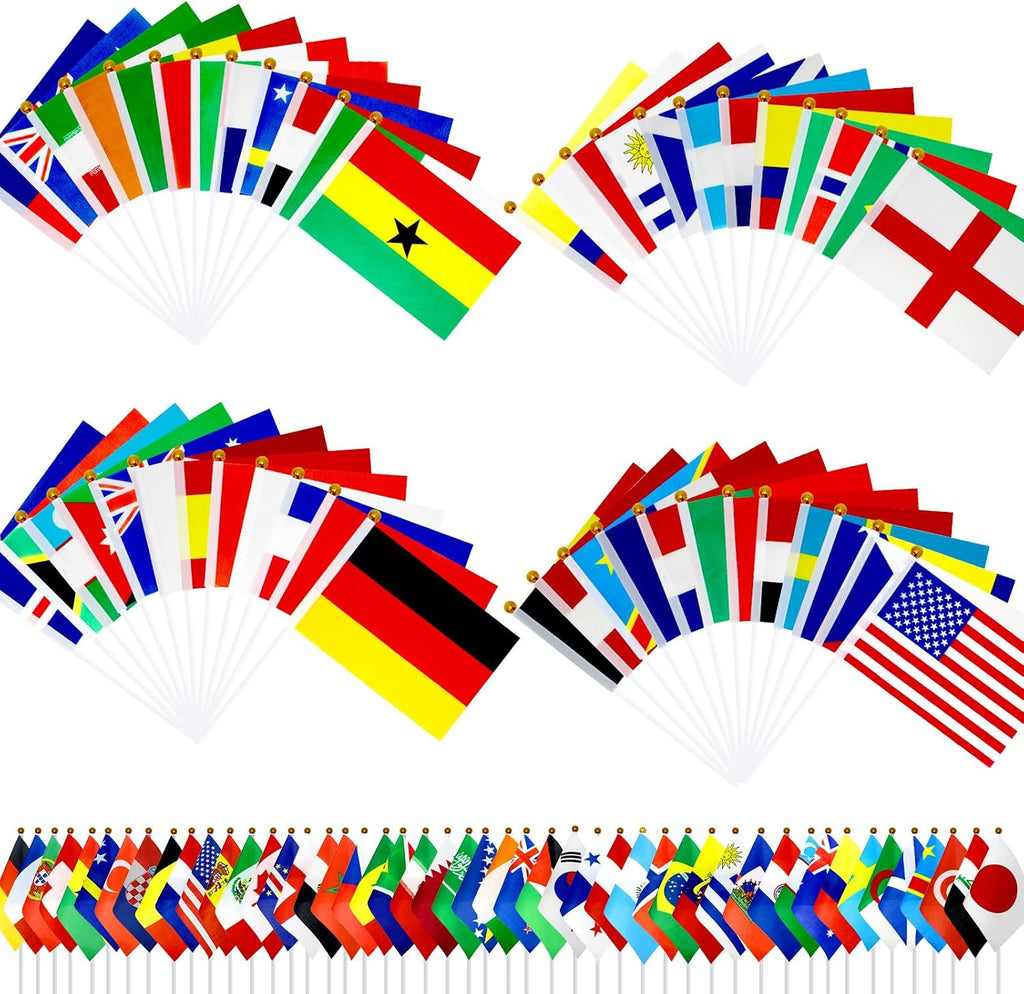 50 Pack Small World Flags on Stick Mini World Handheld Flag with Plastic White Pole for 2026 World Soccer Cup Decoration, Bar, Sports Events, Festival Celebrations