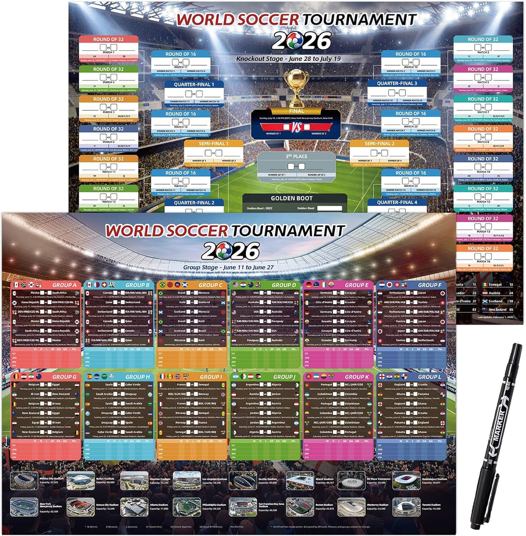 AhfuLife Large World Cup Tournament Schedule Poster, A1 Size-32.6" x 23.2", 2 Pcs Soccer Calendar Wall Chart Decorations, 2026 Soccer Tournament Wallchart for Fans Home Office Bar Party Decor (A1-Folded)