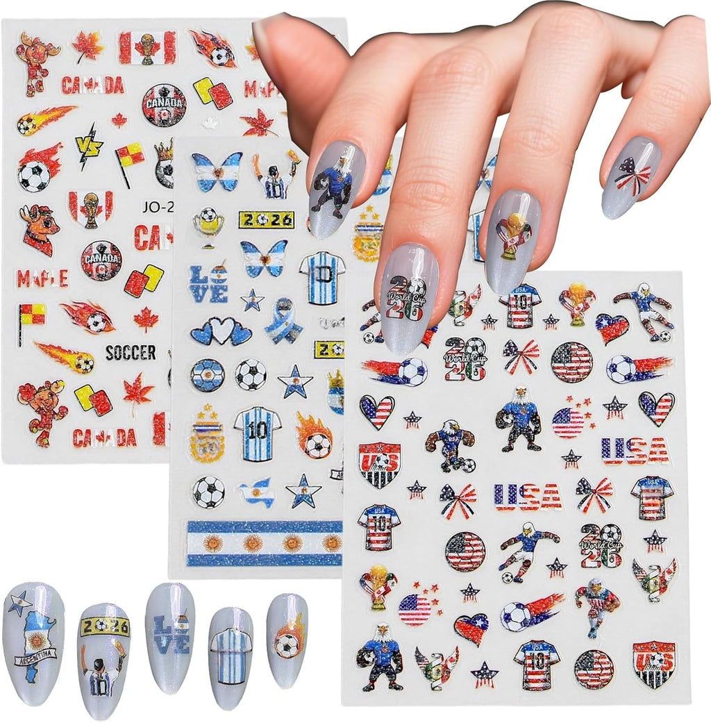 Soccer Nail Art Stickers, 3 Sheets USA Canada Argentina Country Flag Football Nail Decals, Waterproof Self-Adhesive World Cup Sports Nail Decorations for Women Girls Kids Game Day Manicure