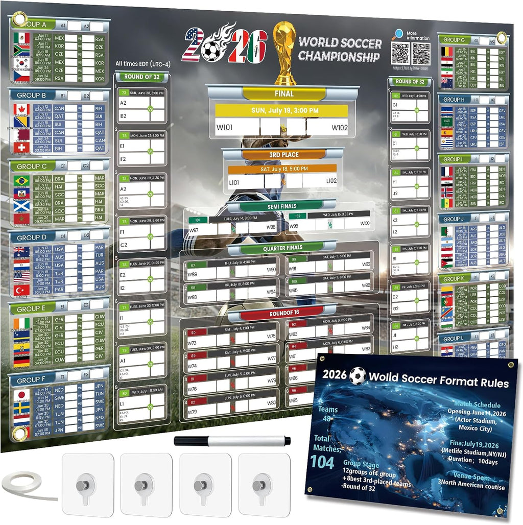 FZIIVQU Updated 2026 World Soccer Schedule Poster With Live Score QR Code, 33.1"x22.3" Wall Chart Large Print for All Ages From Grandparents, Father Holiday Gifts for Home Bar Office