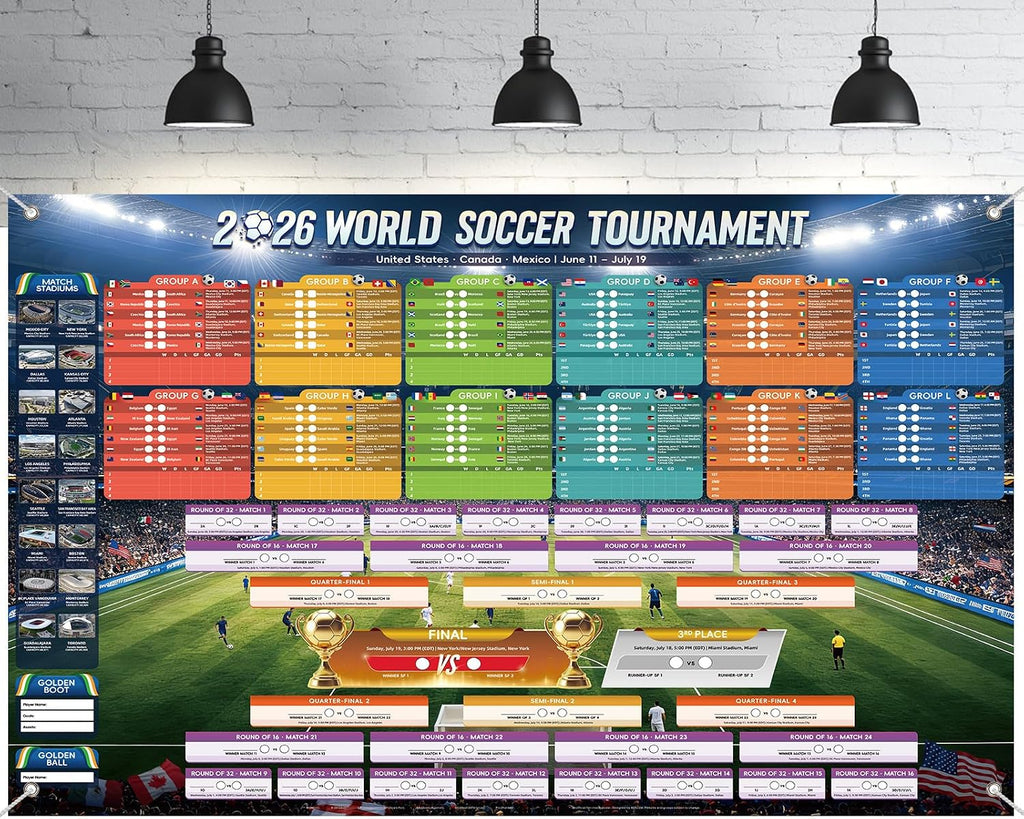 AhfuLife Extra Large World Cup Tournament Schedule Poster Fabric Backdrop, 5.9 x 4.1 ft, 1 Pc World Soccer Wall Chart Background Banner, 2026 Soccer Tournament Decorations for Fans Home Office Bar Party Decor