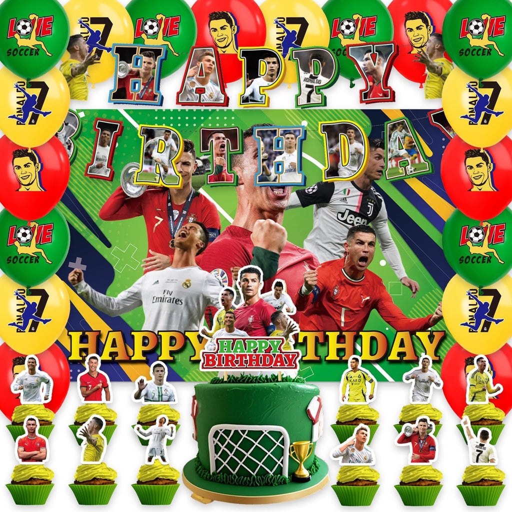 42Packs Soccer Ronaldo Birthday Party Supplies Pack Includes，Banner，Cake Topper，Blackdrop,Balloons for Soccer Ronaldo Party Supplies