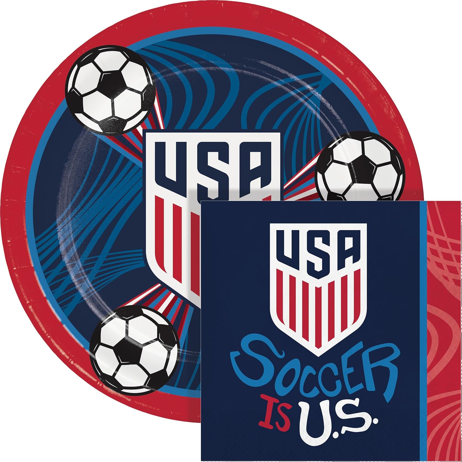 SAY HOORAY! USMNT World Cup 2026 U.S. Men's Soccer Party Paper Plates and Napkins Set, Multicolored, Serves 24