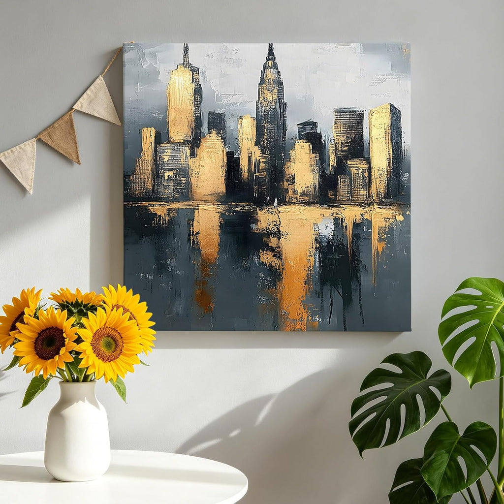 City Architecture Abstract Style Canvas Wall Art Made in USA, Framed Waterproof Canvas Prints 8x8in Gold Foil Oil Painting Art Ready to Hang Thick Wall Artwork for Living Room Bedroom Office