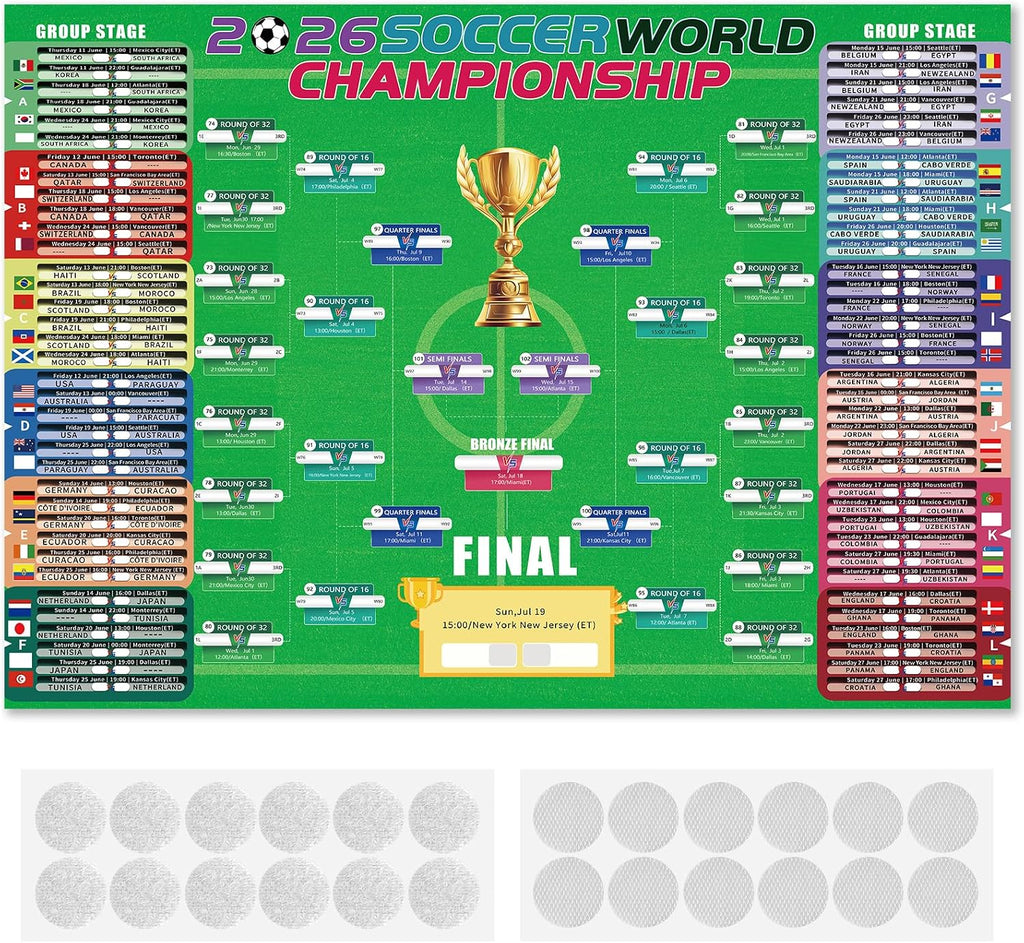 NELIVOKE 2026 Soccer World Championship Large Schedule Poster, 40" x 28" Soccer Tournament Wall Chart with Hook and Loop Dots, Final Round 48-team Collection Showcase, Great Gifts for Soccer Fans