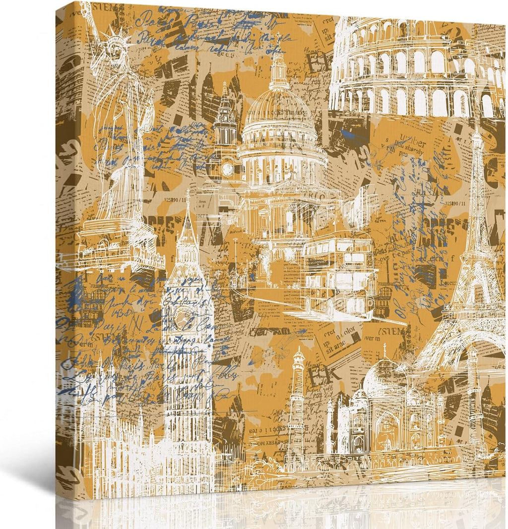 Orange City Framed Wall Art, Retro Modern Abstract Orange Architecture Canvas Prints, Stretched Wall Decor Artwork for Living Room Bedroom Office Home, Ready to Hang, Made in USA, 12"x12"