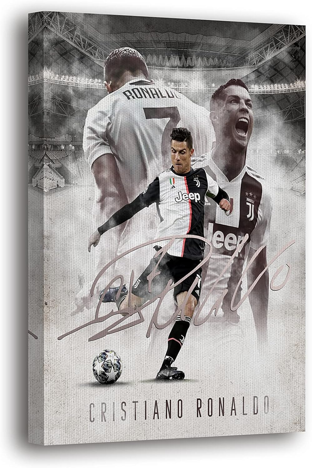 Cristiano Ronaldo Soccer Superstar Wall Art Canvas Decor,Colorful Ronaldo Soccer Home Room Decor, Framed Poster (RONALDO BLACK WHITE, 15" x 22" - Ready to Hang)