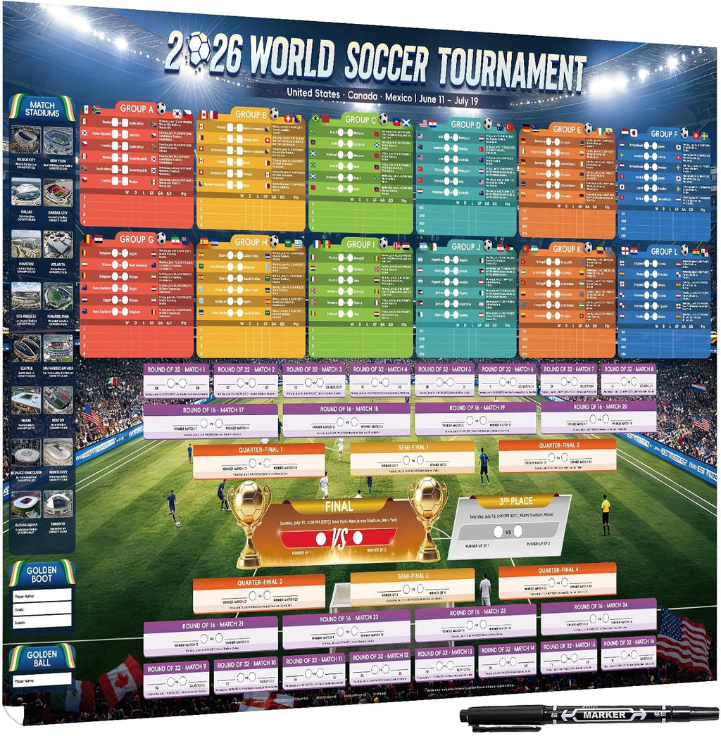 AhfuLife Extra Large World Cup Tournament Schedule Poster, 39.4" x 27.6", 1 Pc Soccer Calendar Wall Chart Decorations, 2026 Soccer Tournament Wallchart for Fans Home Office Bar Party Decor
