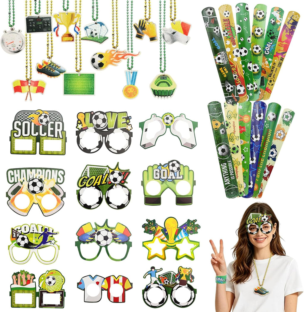 36 Pcs Soccer Party Favors, World Soccer Cup Party Decorations Photo Props, 12 Beaded Necklaces 12 Slap Bracelets 12 Paper Glasses Accessories for Party Decorations,Classroom Rewards Supplies