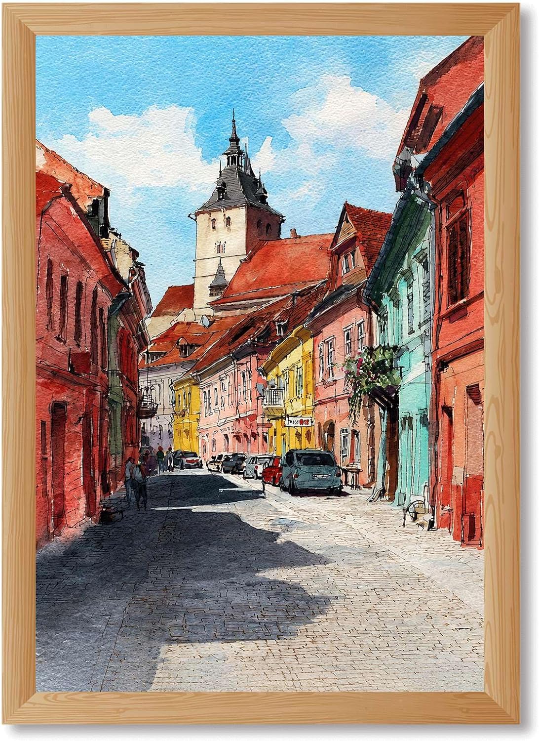 Framed European Town Streetscape Canvas Print, Watercolor City Architecture Poster, Modern Wall Art Painting, Elegant Art Print, Stunning Wall Decor for Living Room and Office (Wood Framed,12L X16W)