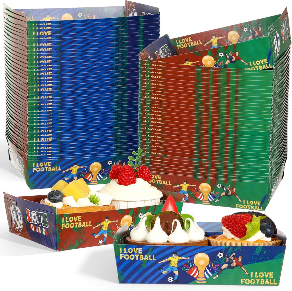 50 PCS 2026 World Soccer Tournament Cup Food Boats Soccer Birthday Party Supply World Football Sport Themed Paper Serving Trays Boxes Disposable Holder for Team Baby Shower Sport Birthday Party Favor