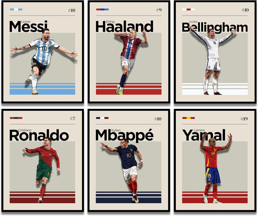 Blauro Soccer Wall Art Poster Bundle – World Cup Inspired Soccer Posters for Boys Bedroom – Messi Poster, Ronaldo Poster, Matte Sports Wall Prints – Unframed Set Of 6 (8x10”)