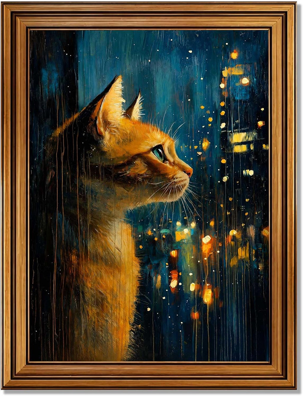 Framed Whimsical Cat Looking at City Lights Poster Canvas Print Art Modern Contemporary Wall Art Painting Pictures Wall Decor Exquisite Art Print Home Decor for Living Room Bedroom Office (Retro Framed,24"Lx36"W)