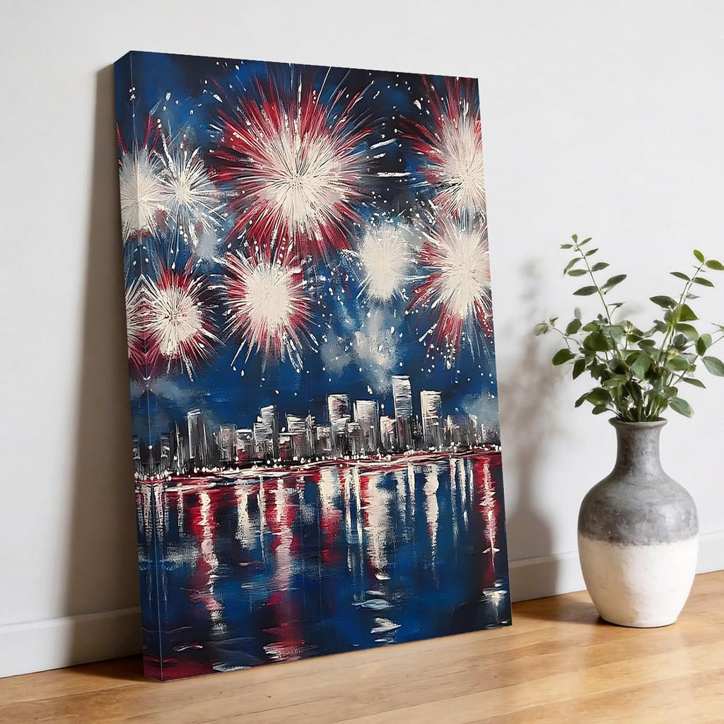 Independence Day Canvas Wall Art for Living Room, Fireworks City Night Scene Patriotic Poster Print Painting for Bedroom Office Home Decoration Wall Pictures Prepare To Hang 20"x24"