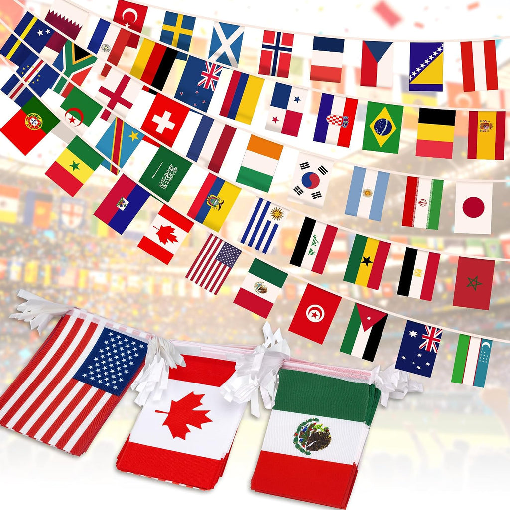 2026 World Cup Flag Banner, 48 Countries International Bunting, Soccer Tournament National String Pennant for Sports Bar, Club, Home Garden, Party Decorations, Banderas del Mundial (5.5" x 8.3"-45 ft)