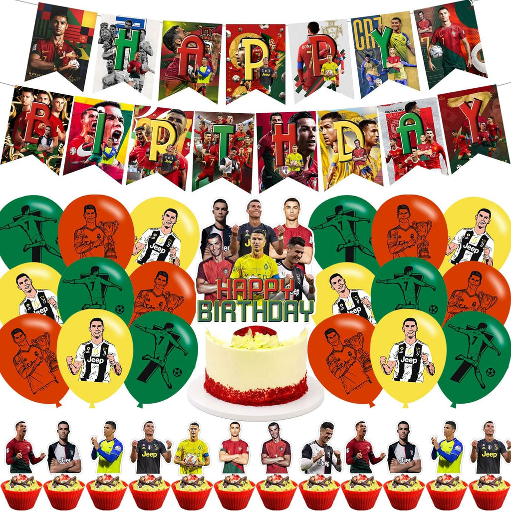 Ronaldo Soccer Party Decorations,Football Star Team Birthday Party Supplies For Soccer Party Supplies Includes Banner - Cake Topper - 24 Cupcake Toppers - 18 Balloons