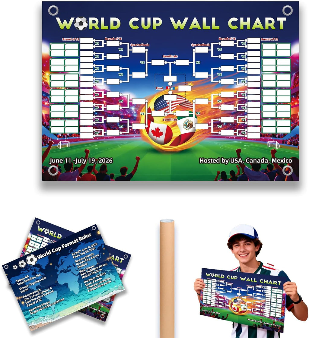 TOKLYUIE for World Cup Schedule Poster World Cup Merchandise Double Sided Printing No Crease Schedule Waterproof Erasable 2026 Football Tournament Schedule and Team Info Chart Poster for Soccer Fans