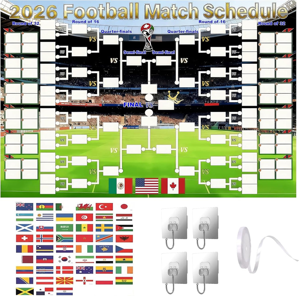Suxxyyds 2026 Worlds Cup Schedule Poster, Worlds Cup Bracket Poster 2026, 59 x 35-Inch Wall Chart with 2 Sets of Reusable National Flag Stickers, 64 Country Flags, For Watch Parties and Office Pools