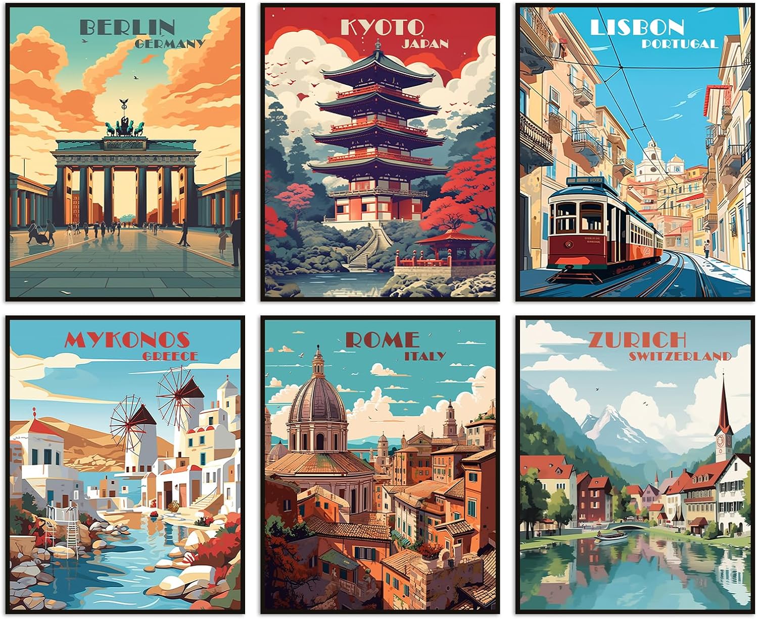 Travel City Vintage Poster Set of 6 Unframed (8''x10'') Popular Cities for Wall Decor Landscape Art Aesthetic Room Decor (Travel City C, 8 x 10)