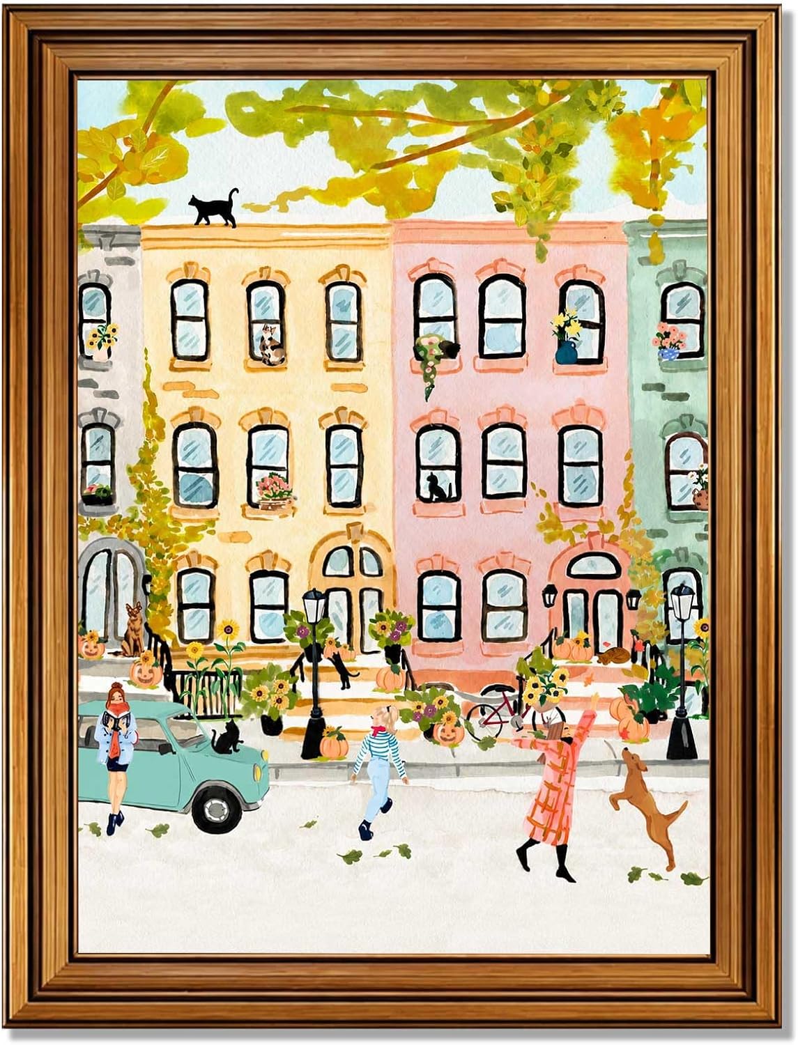 Framed Autumn City Street with Cats and Pumpkins Poster Canvas Print Art Vintage Boho Wall Art Painting Pictures Wall Decor Whimsical Art Print Home Decor for Living Room Bedroom Office (Retro Framed,24"Lx36"W)